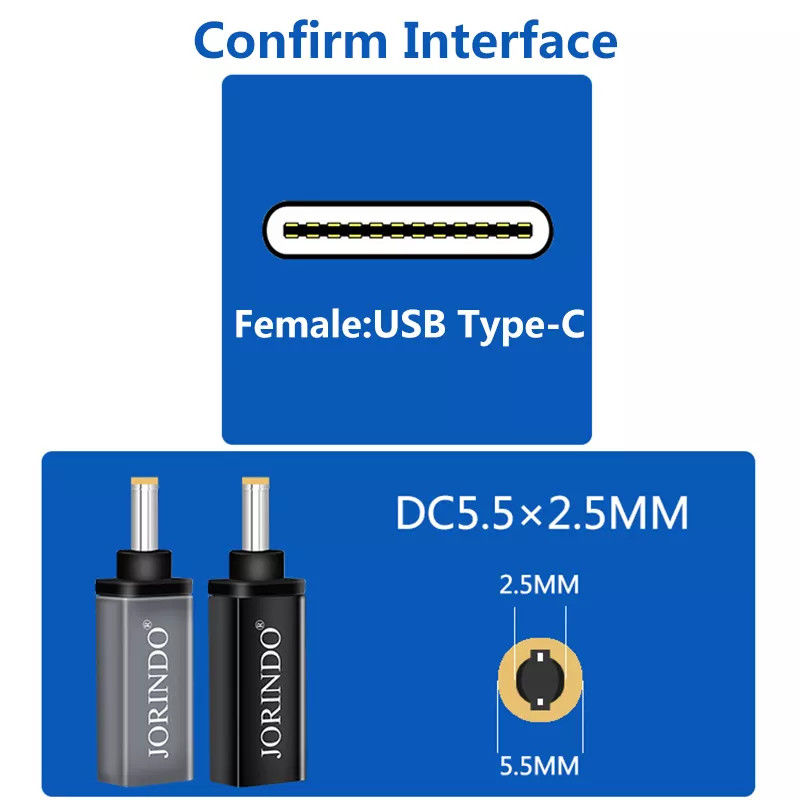 100W USB Tipo C Hembra a DC 5.5x2.5mm Macho PD Conector Carga rápida rápida